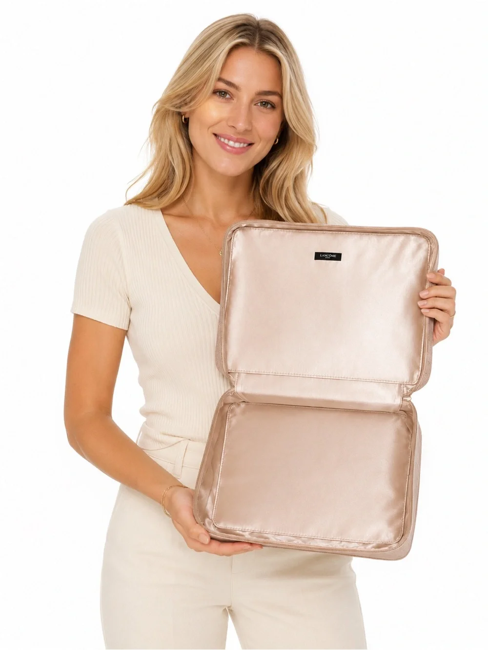 NWOT Lancôme Rose Gold Metallic Train Case Makeup & Travel Bag